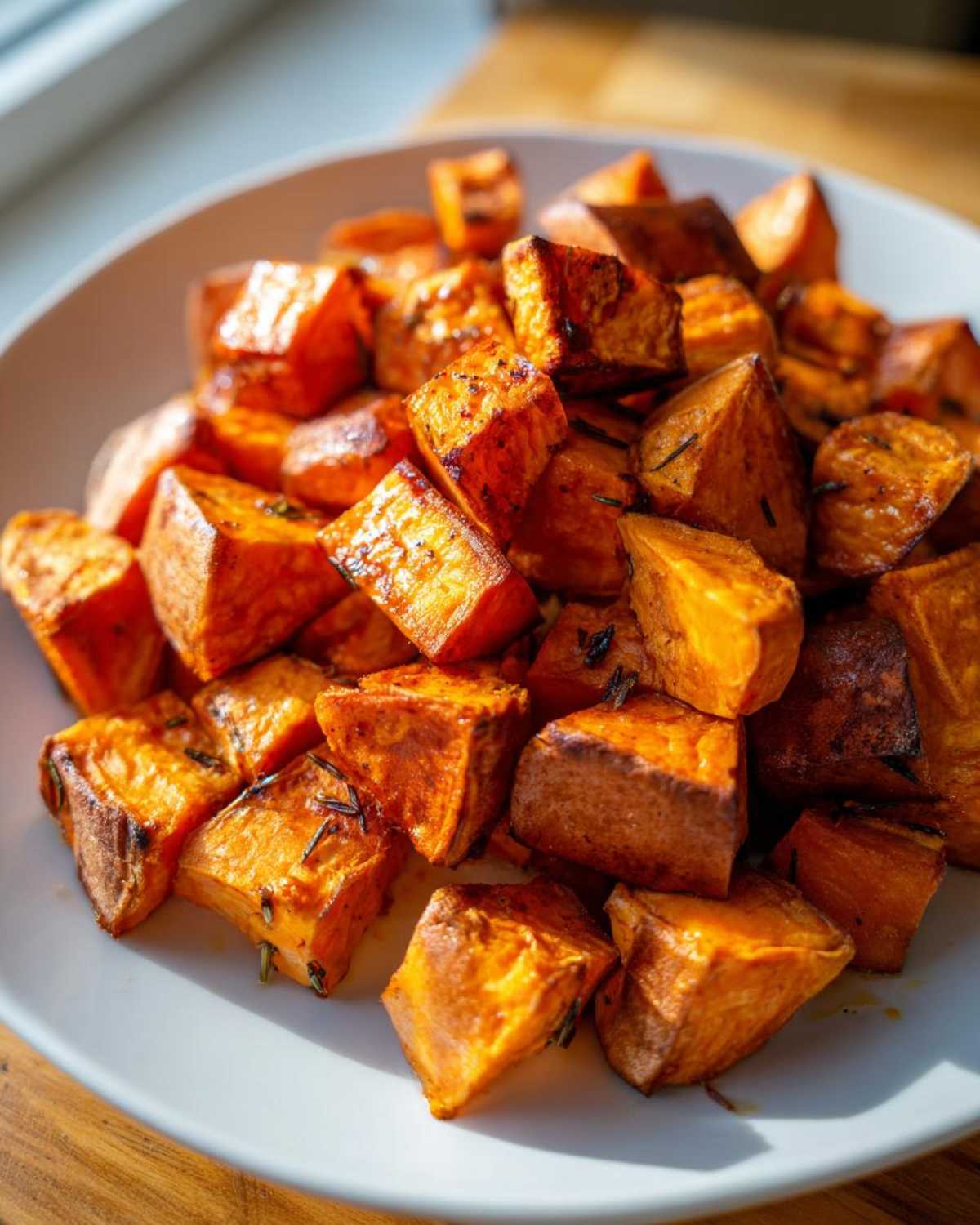 Close-up of perfectly Roasted Sweet Potatoes cubes seasoned with herbs on a white plate.
