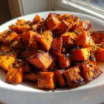 A white bowl filled with caramelized, cubed Roasted Sweet Potatoes seasoned with fresh rosemary, highlighted by sunlight.