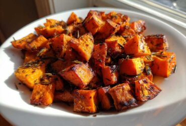 A white bowl filled with caramelized, cubed Roasted Sweet Potatoes seasoned with fresh rosemary, highlighted by sunlight.