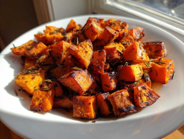 A white bowl filled with caramelized, cubed Roasted Sweet Potatoes seasoned with fresh rosemary, highlighted by sunlight.