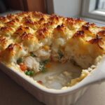 A serving spoon has scooped a portion from the Rotisserie Chicken Shepherd's Pie, revealing creamy filling and golden mashed potato topping.