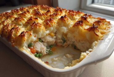 A serving spoon has scooped a portion from the Rotisserie Chicken Shepherd's Pie, revealing creamy filling and golden mashed potato topping.