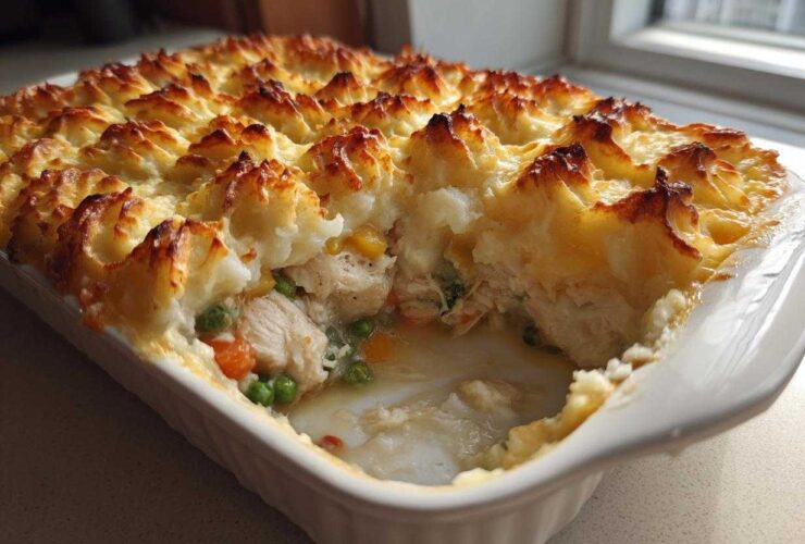 A serving spoon has scooped a portion from the Rotisserie Chicken Shepherd's Pie, revealing creamy filling and golden mashed potato topping.