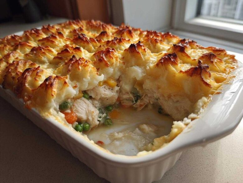 A serving spoon has scooped a portion from the Rotisserie Chicken Shepherd's Pie, revealing creamy filling and golden mashed potato topping.