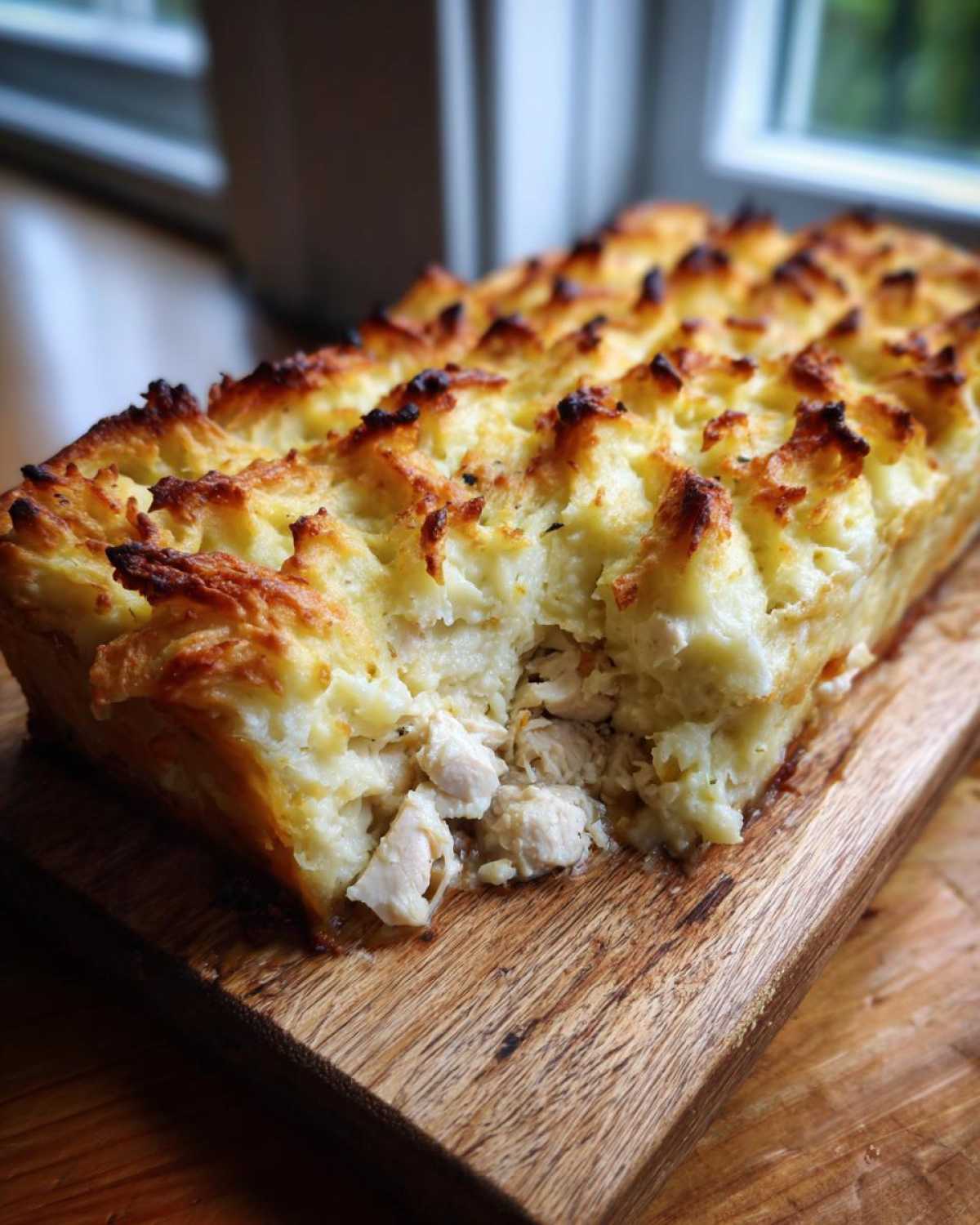 A close-up of Rotisserie Chicken Shepherd's Pie with a scoop removed, showing diced chicken filling and a golden, crispy mashed potato topping.