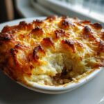 Close-up of a baked Rotisserie Chicken Shepherd's Pie with a deeply browned, crispy mashed potato topping.