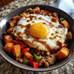 Close-up of a Sausage and Potato Breakfast Bowls topped with a sunny-side-up egg drizzled with sauce.
