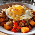 A close-up of a Sausage and Potato Breakfast Bowl topped with a sunny-side-up egg sprinkled with red pepper flakes.