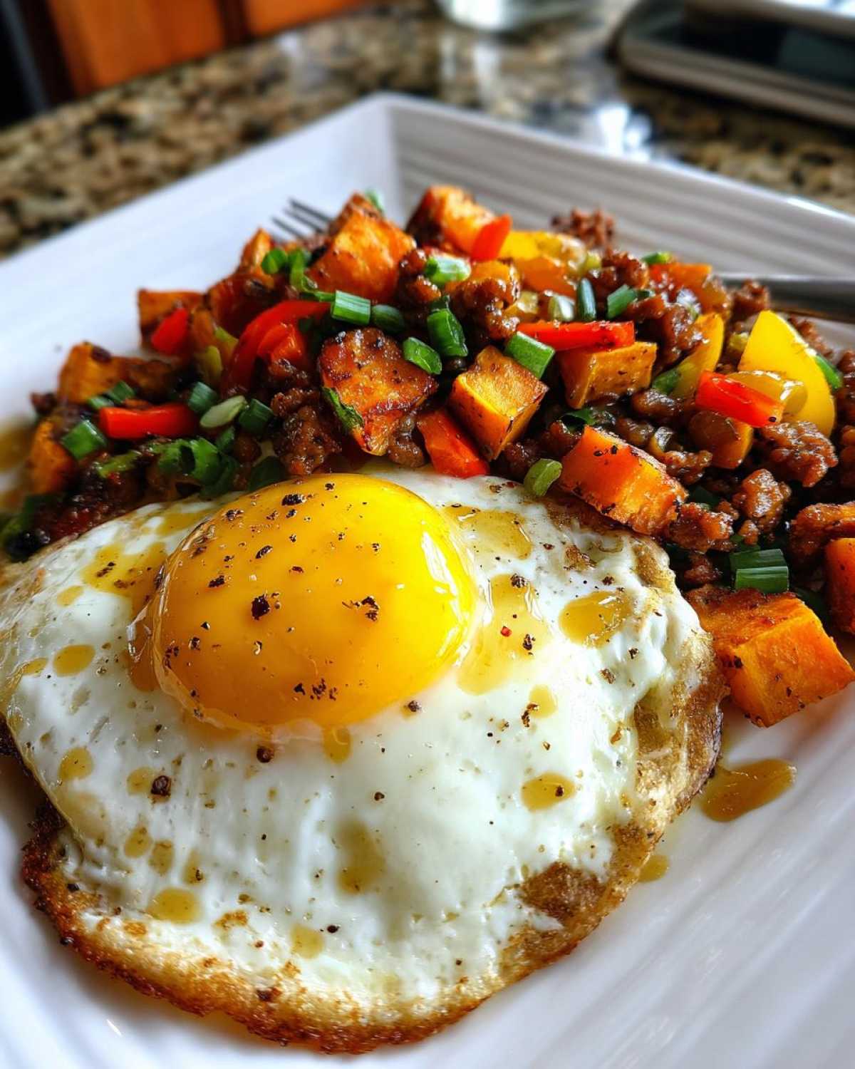 Close-up of a Sausage and Potato Breakfast Bowls featuring a sunny-side-up egg with a runny yolk over sausage, sweet potatoes, and peppers.