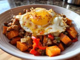 A close-up of a Sausage and Potato Breakfast Bowl topped with a sunny-side-up egg sprinkled with red pepper flakes.