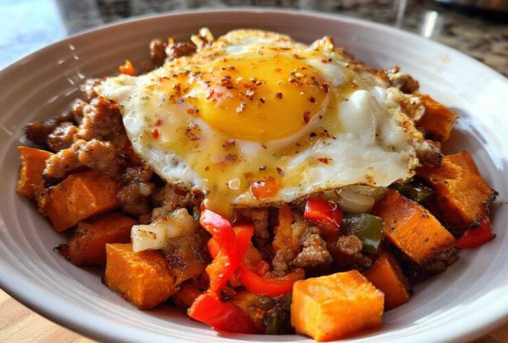 A close-up of a Sausage and Potato Breakfast Bowl topped with a sunny-side-up egg sprinkled with red pepper flakes.