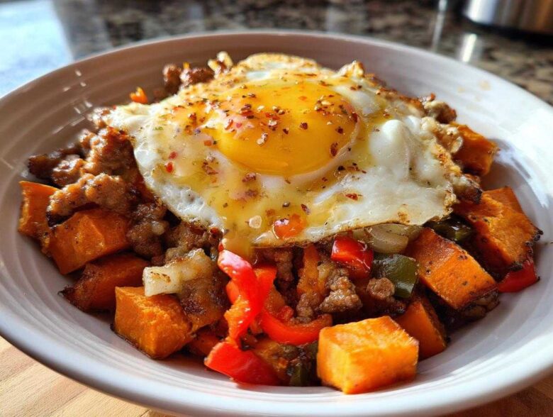 A close-up of a Sausage and Potato Breakfast Bowl topped with a sunny-side-up egg sprinkled with red pepper flakes.