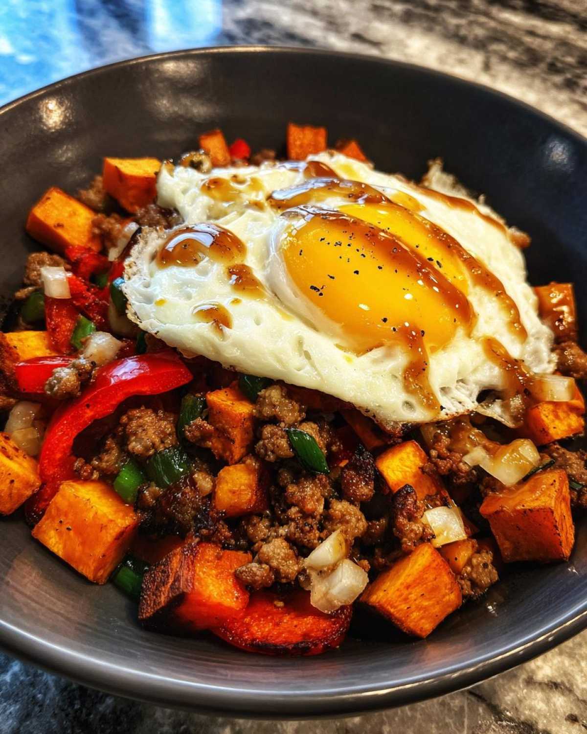 Close-up of Sausage and Potato Breakfast Bowls featuring sweet potatoes, ground sausage, peppers, and topped with two sunny-side-up eggs drizzled with sauce.