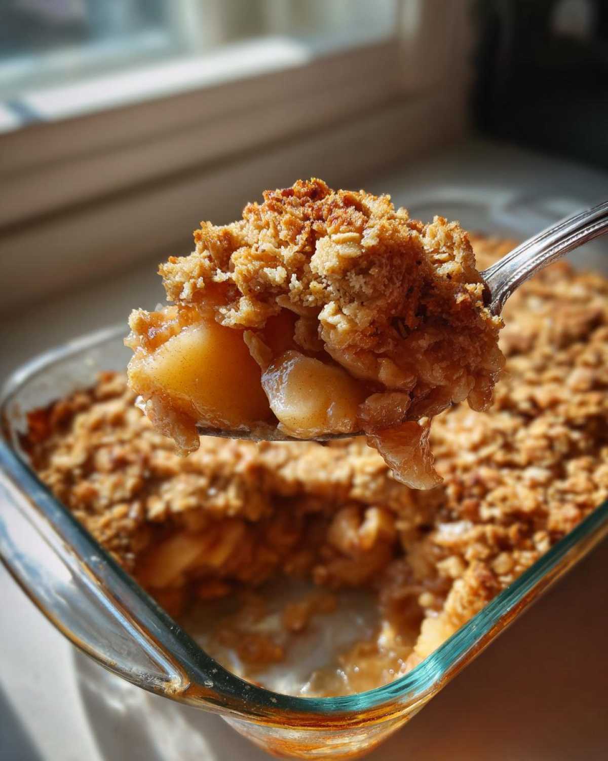 A spoonful of warm Apple Crisp, featuring tender apples and a crunchy oat topping, lifted from a glass baking dish.