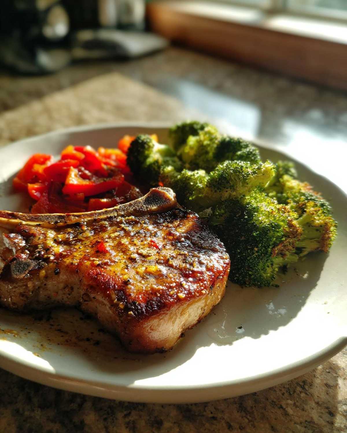 A perfectly cooked Sheet Pan Lemon Garlic Pork Chop served with roasted broccoli and red peppers on a white plate.
