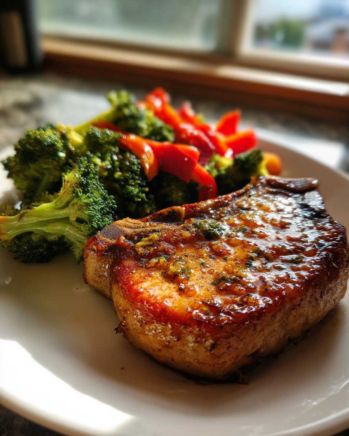 A close-up of a juicy, glazed Sheet Pan Lemon Garlic Pork Chop served with bright green broccoli and red bell peppers.
