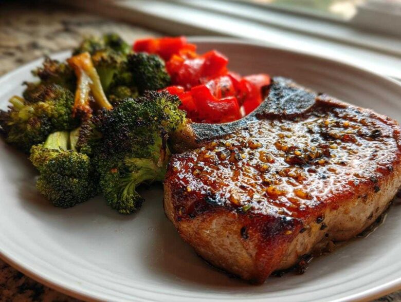A perfectly cooked Sheet Pan Lemon Garlic Pork Chop, glazed and served with roasted broccoli and red peppers.