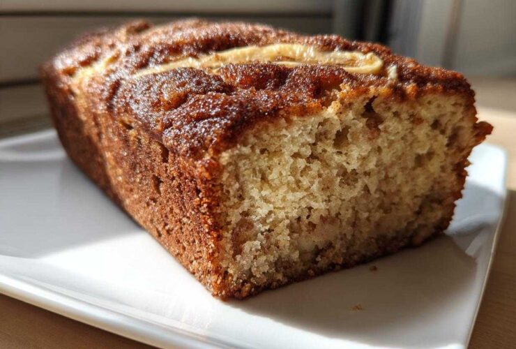 A close-up view of a freshly baked Snickerdoodle Banana Bread loaf with a dark, sugary crust, showing the moist crumb texture.