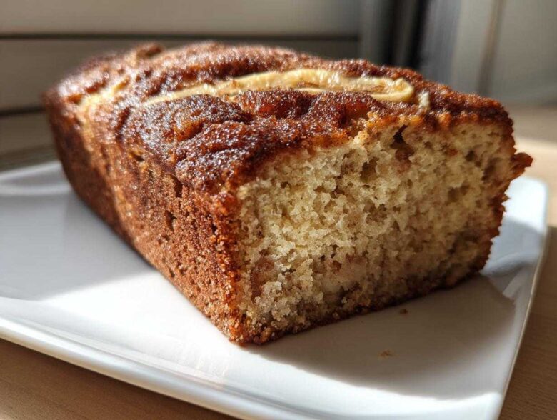 A close-up view of a freshly baked Snickerdoodle Banana Bread loaf with a dark, sugary crust, showing the moist crumb texture.