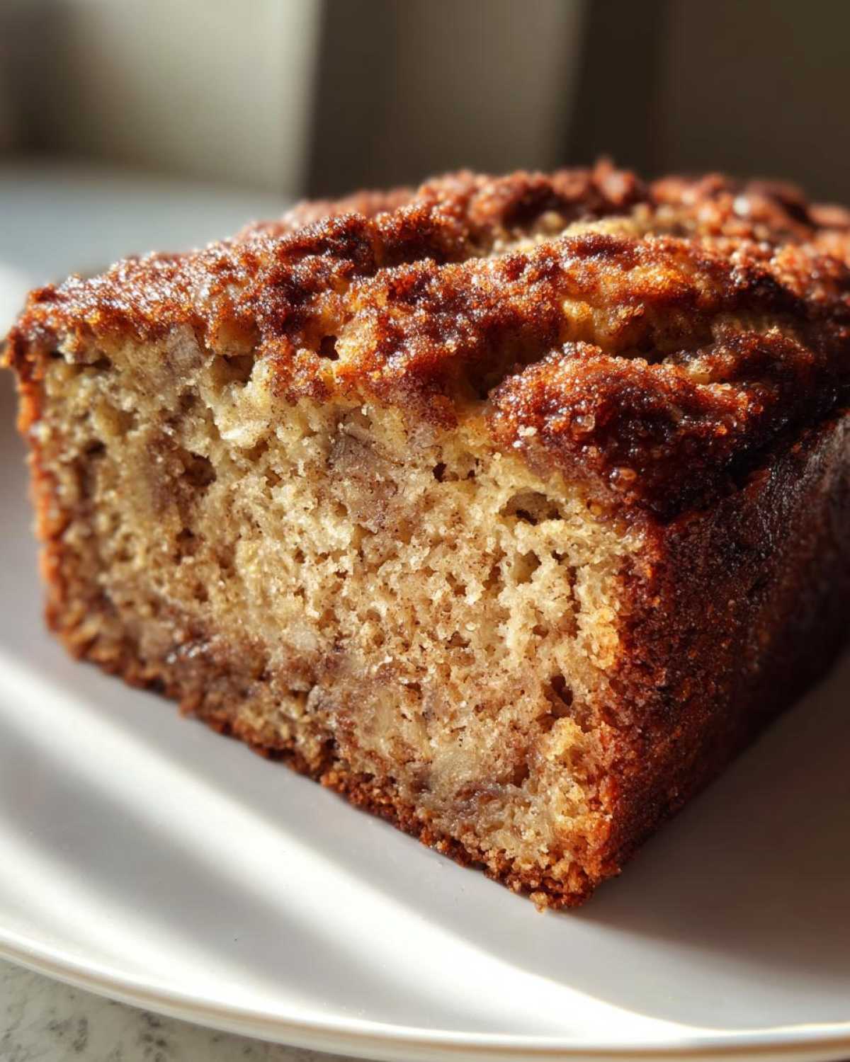 A close-up slice of moist Snickerdoodle Banana Bread showing the crumb texture and sugary cinnamon topping.