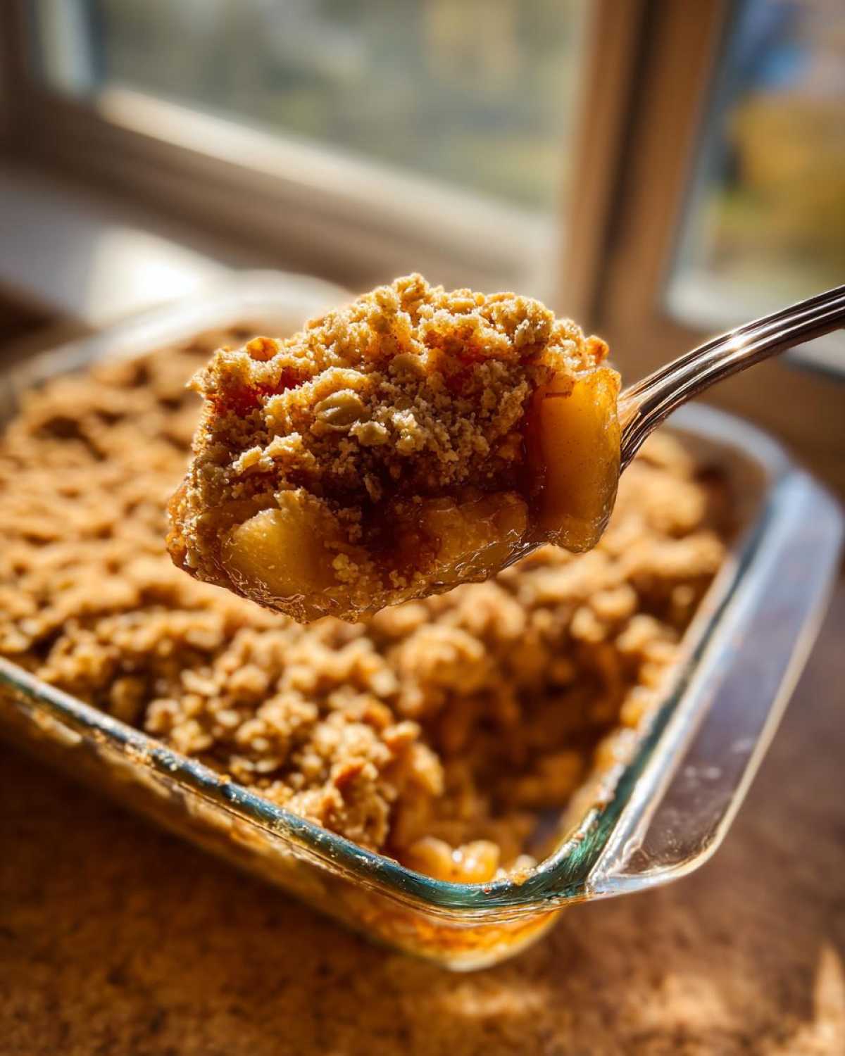 A spoonful of warm, gooey Apple Crisp being lifted from a glass baking dish.