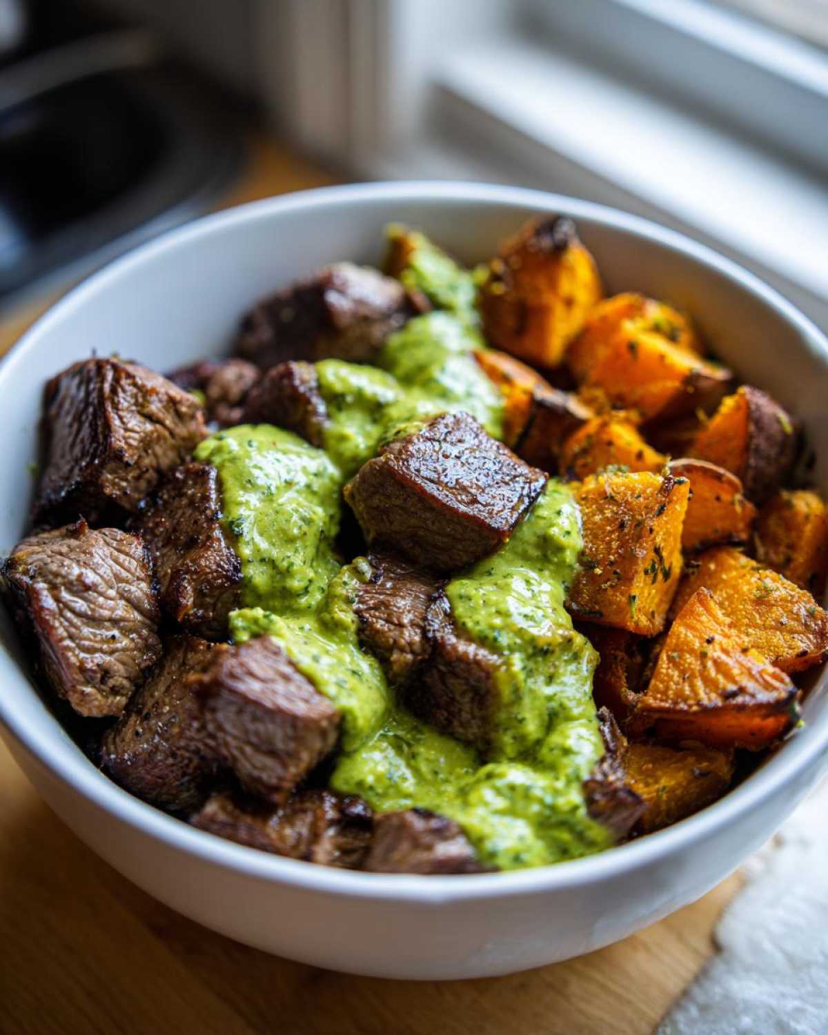 Close-up of Steak and Sweet Potato Bowls with Avocado-Cilantro Drizzle generously poured over the steak cubes.