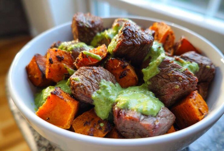Close-up of Steak and Sweet Potato Bowls topped with bright green avocado-cilantro drizzle.