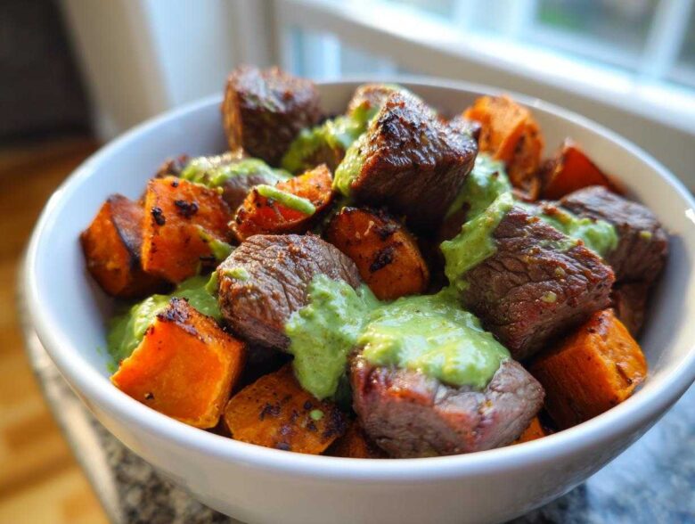 Close-up of Steak and Sweet Potato Bowls topped with bright green avocado-cilantro drizzle.