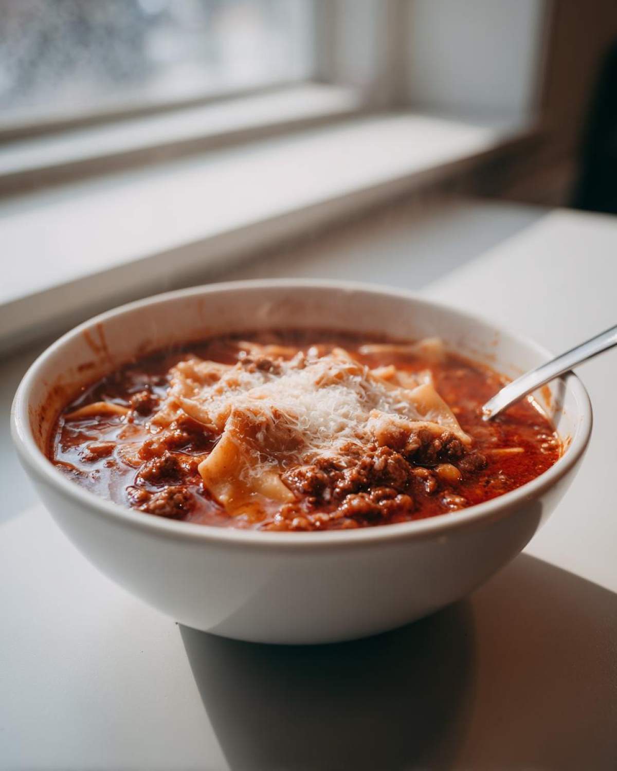 A close-up of a white bowl filled with steaming Lasagna Soup, featuring rich meat sauce, pasta pieces, and grated Parmesan cheese.