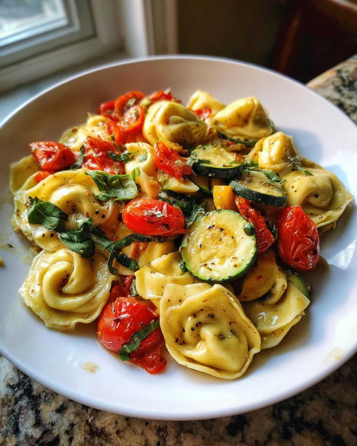 A close-up of Tortellini with Summer Veggies, featuring pasta, roasted cherry tomatoes, and sliced zucchini in a white bowl.