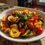 A white bowl filled with Tortellini with Summer Veggies, featuring zucchini, cherry tomatoes, and fresh basil.