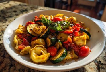 A white bowl filled with Tortellini with Summer Veggies, featuring zucchini, cherry tomatoes, and fresh basil.