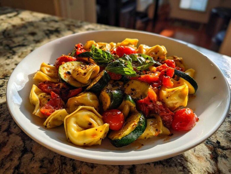 A white bowl filled with Tortellini with Summer Veggies, featuring zucchini, cherry tomatoes, and fresh basil.
