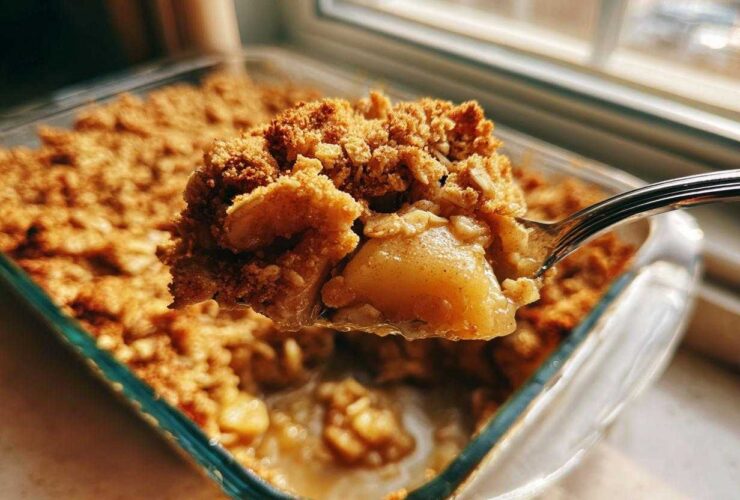 A spoonful of warm, gooey Apple Crisp being lifted from a glass baking dish.