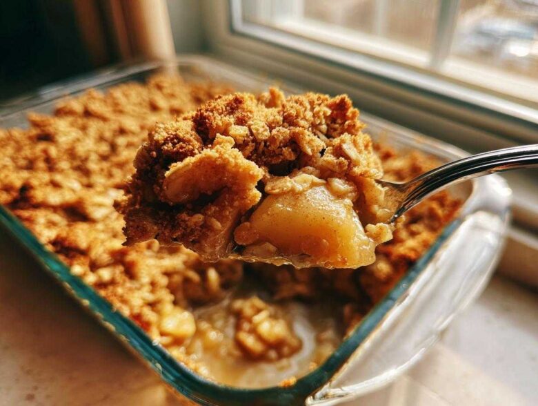 A spoonful of warm, gooey Apple Crisp being lifted from a glass baking dish.
